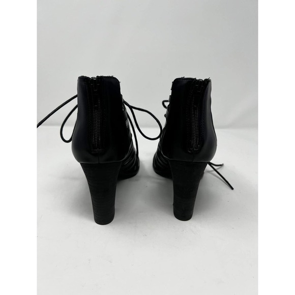 Report Ridley Women's Black Leather Peep Toe Block Heel Gladiator Sandal Size 9 - Picture 2 of 7